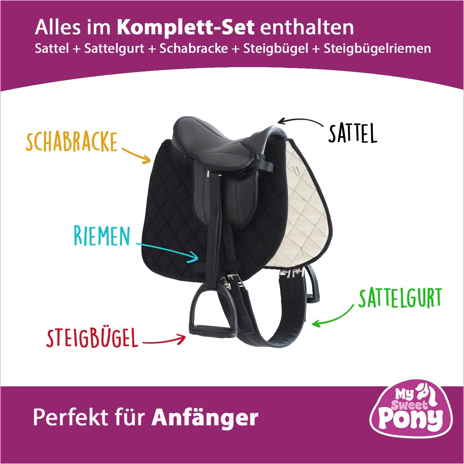 My Sweet Pony® Kinder Shettysattel-Set Sunny | für Pony Shetty und Holzpferd | Alles enthalten | Komplett-Set | Ideal für erste Reitversuche