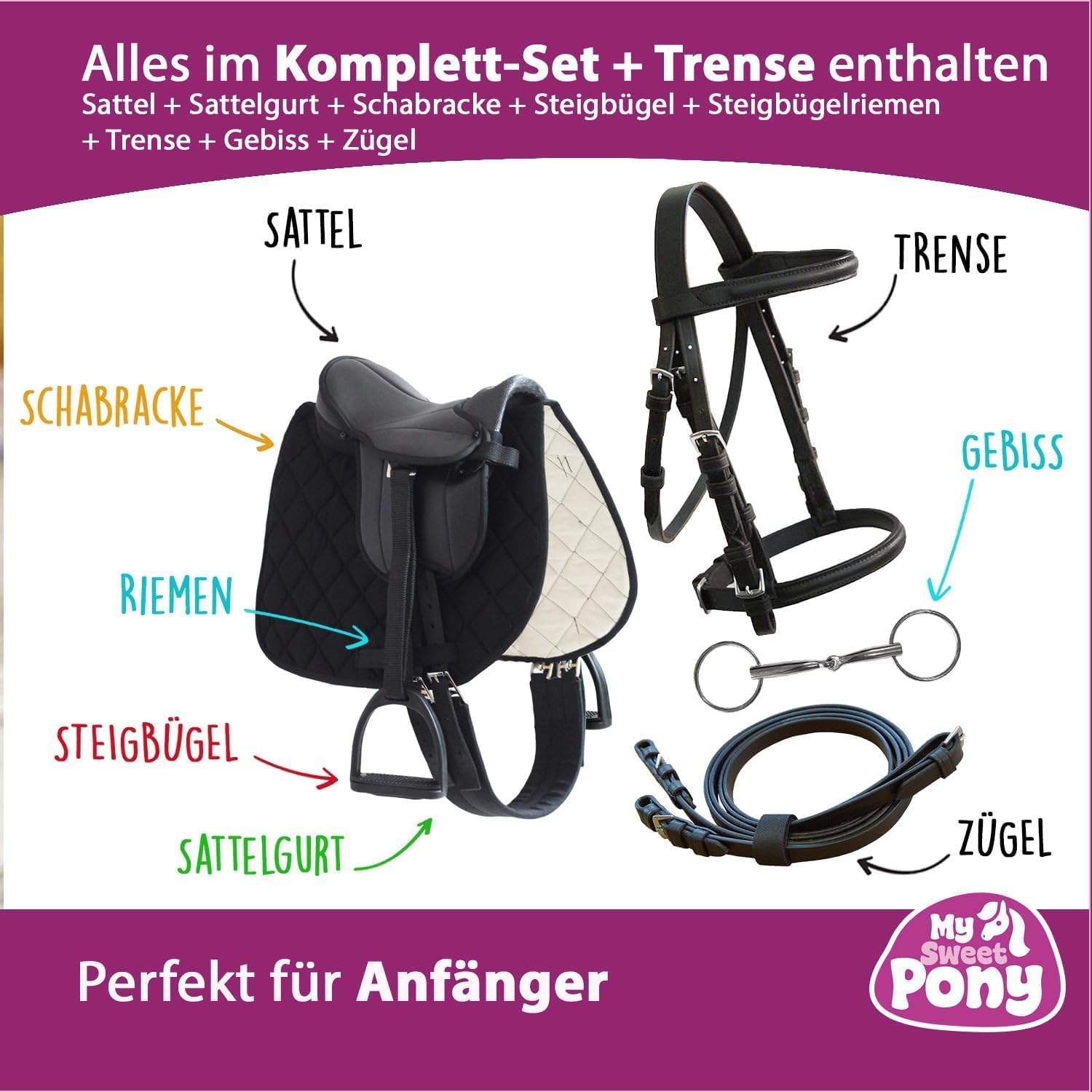 My Sweet Pony® Kinder Shetty Sattel-Set + Trense + Gebiss + Zügel | für Pony Shetty und Holzpferd | Alles enthalten | Komplett-Set | Ideal für erste Reitversuche | Sattel DIN geprüft