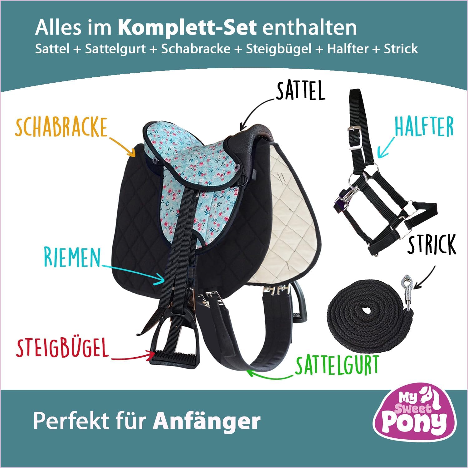 My Sweet Pony® Kinder Shettysattel-Set Dream Flower + Halfter + Führstrick | Sattel für Pony Shetty und Holzpferd | Alles enthalten | kompletter Sattel | Ideal für erste Reitversuche
