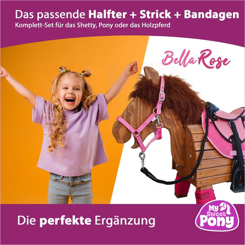 My Sweet Pony® Kinder Shettysattel-Set Bella Rose + Halfter + Führstrick + Bandagen | Sattel für Pony Shetty und Holzpferd | Alles enthalten | kompletter Sattel | Ideal für erste Reitversuche