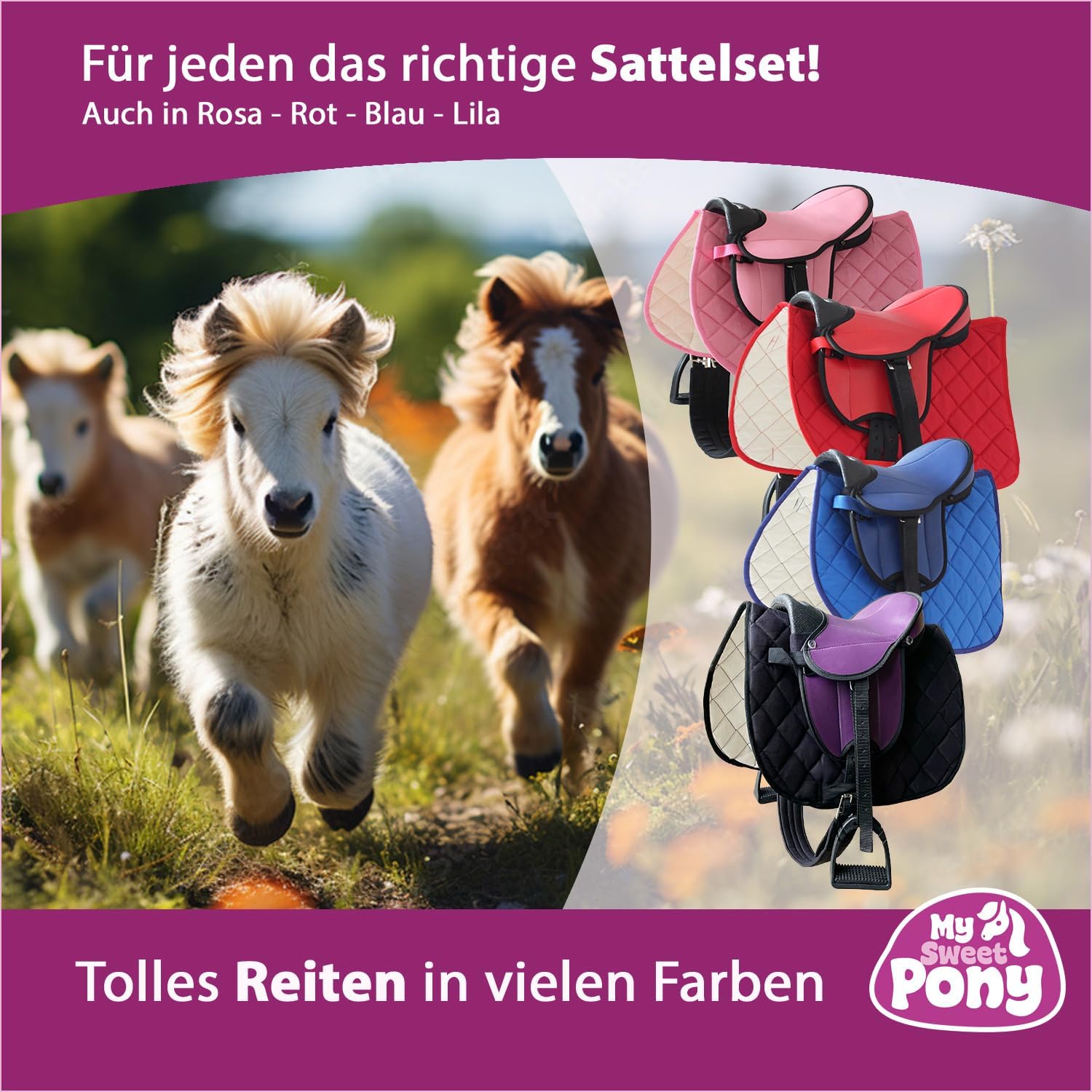 My Sweet Pony® Kinder Shetty Sattel-Set + Trense in Schwarz | für Pony Shetty und Holzpferd | Alles enthalten | kompletter Sattel + Trense | Ideal für erste Reitversuche | Sattel DIN geprüft