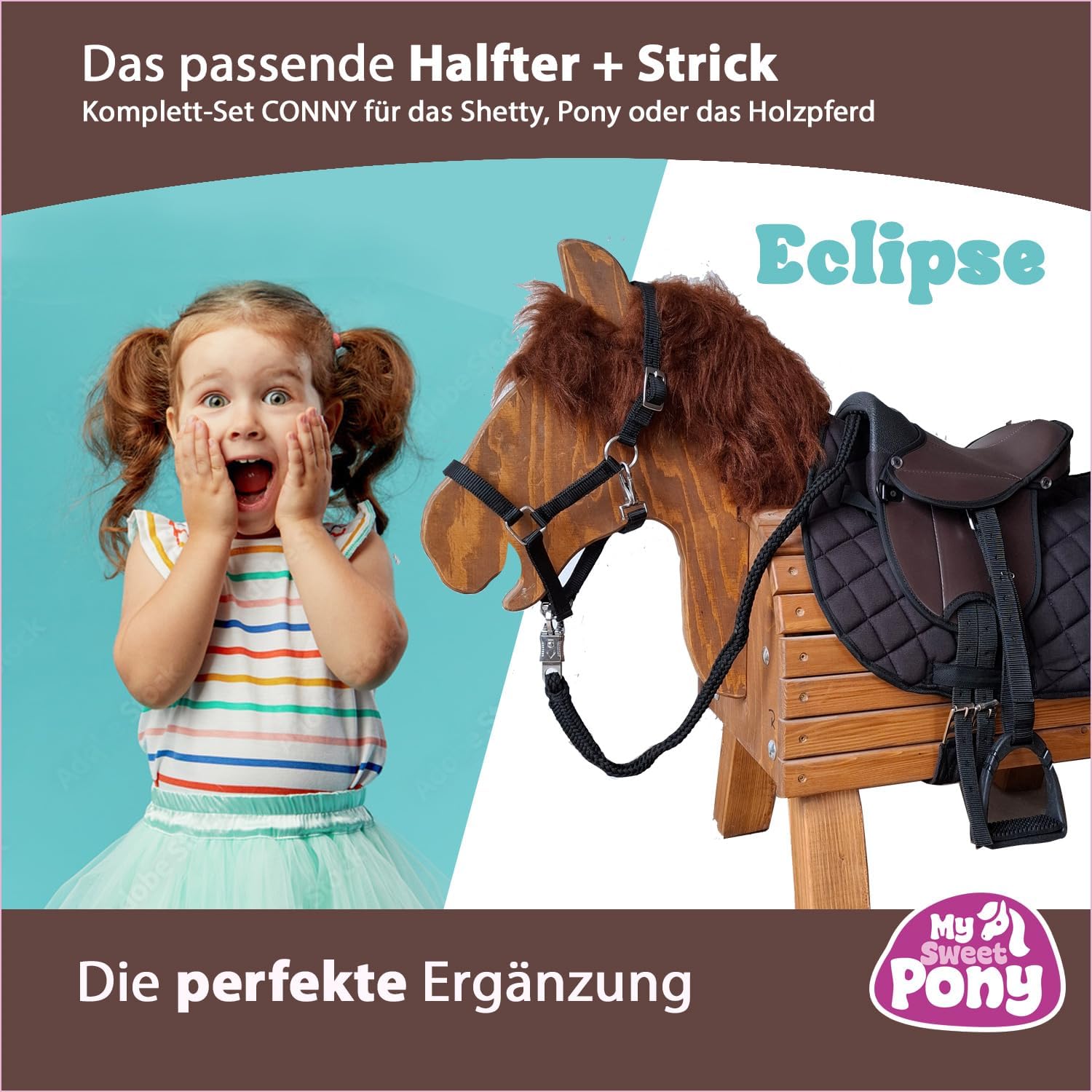 My Sweet Pony® Kinder Shettysattel-Set Eclipse + Halfter + Führstrick | Sattel für Pony Shetty und Holzpferd | Alles enthalten | kompletter Sattel | Ideal für erste Reitversuche
