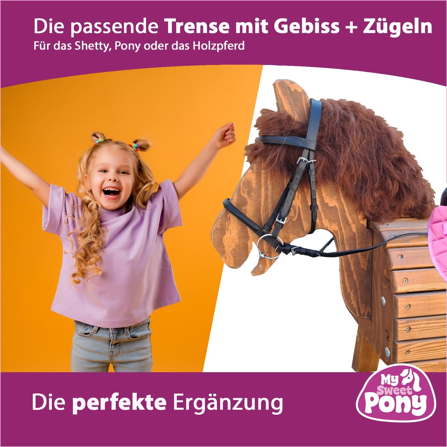 My Sweet Pony® Kinder Shettysattel-Set Pink Flower + Trense + Zügel | für Pony Shetty und Holzpferd | Alles enthalten | Komplett-Set | Ideal für erste Reitversuche