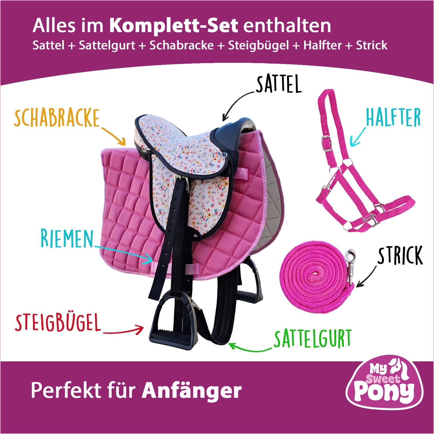 My Sweet Pony® Kinder Shettysattel-Set Pink Flower + Halfter + Führstrick | Sattel für Pony Shetty und Holzpferd | Alles enthalten | kompletter Sattel | Ideal für erste Reitversuche