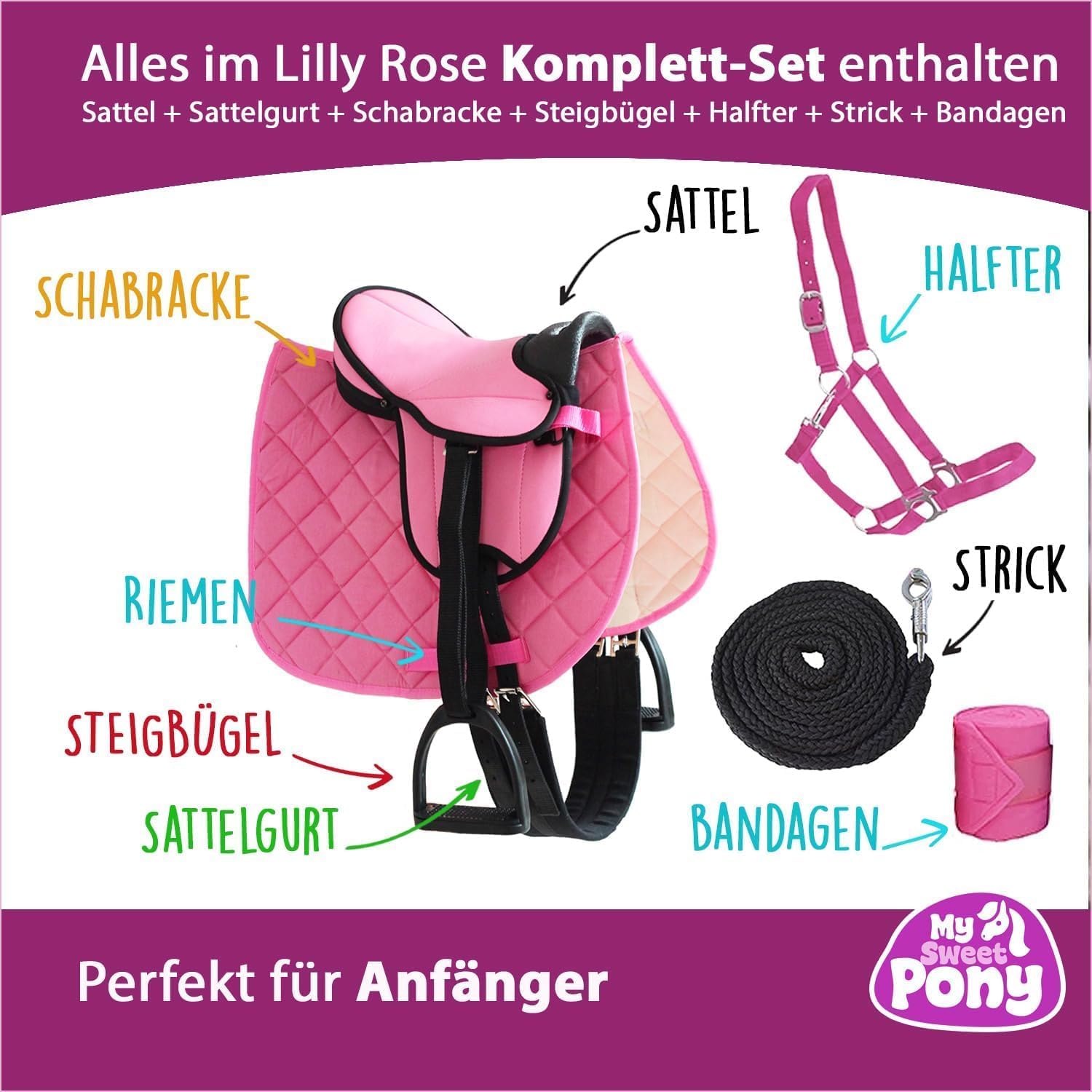 My Sweet Pony® Kinder Shettysattel-Set Bella Rose + Halfter + Führstrick + Bandagen | Sattel für Pony Shetty und Holzpferd | Alles enthalten | kompletter Sattel | Ideal für erste Reitversuche