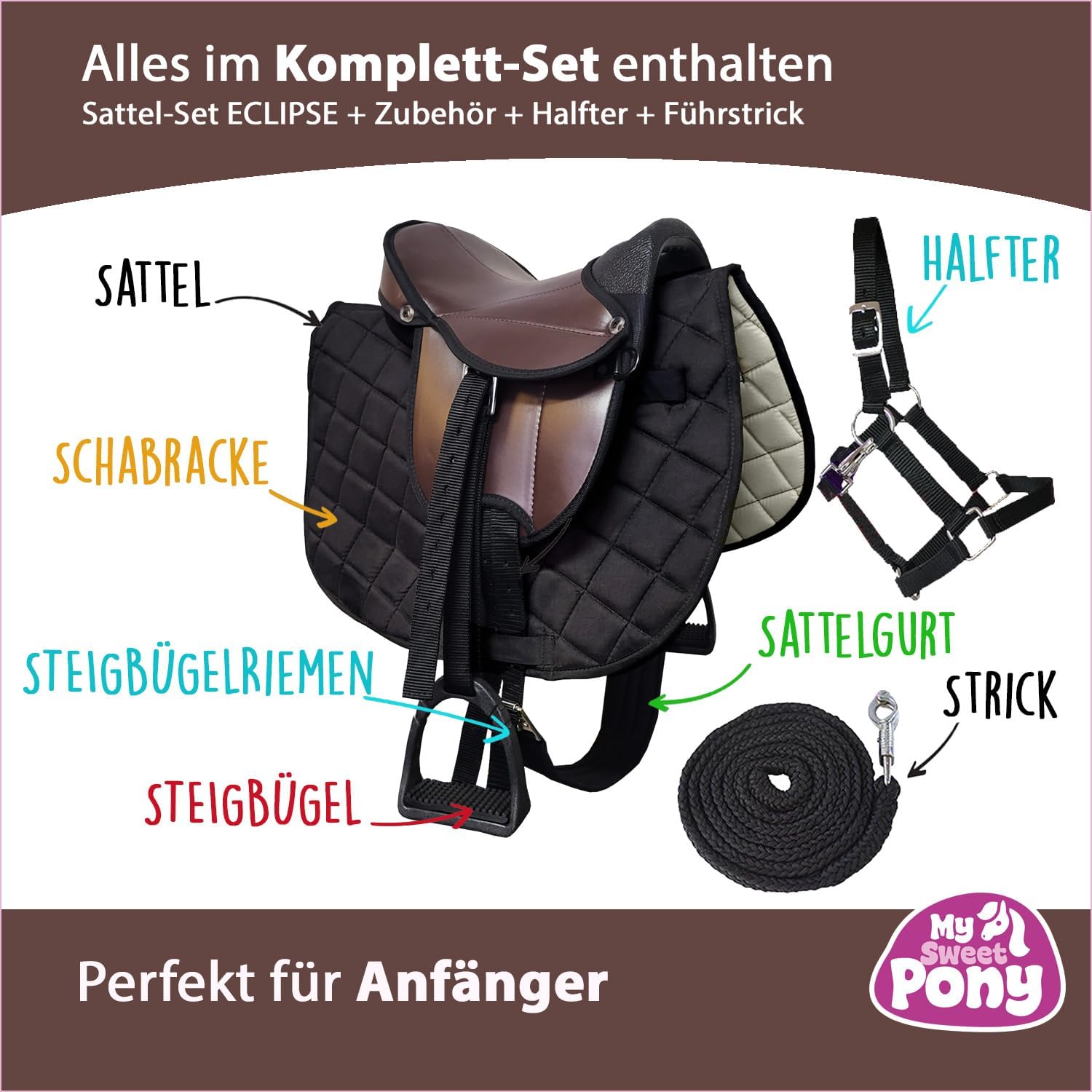 My Sweet Pony® Kinder Shettysattel-Set Eclipse + Halfter + Führstrick | Sattel für Pony Shetty und Holzpferd | Alles enthalten | kompletter Sattel | Ideal für erste Reitversuche