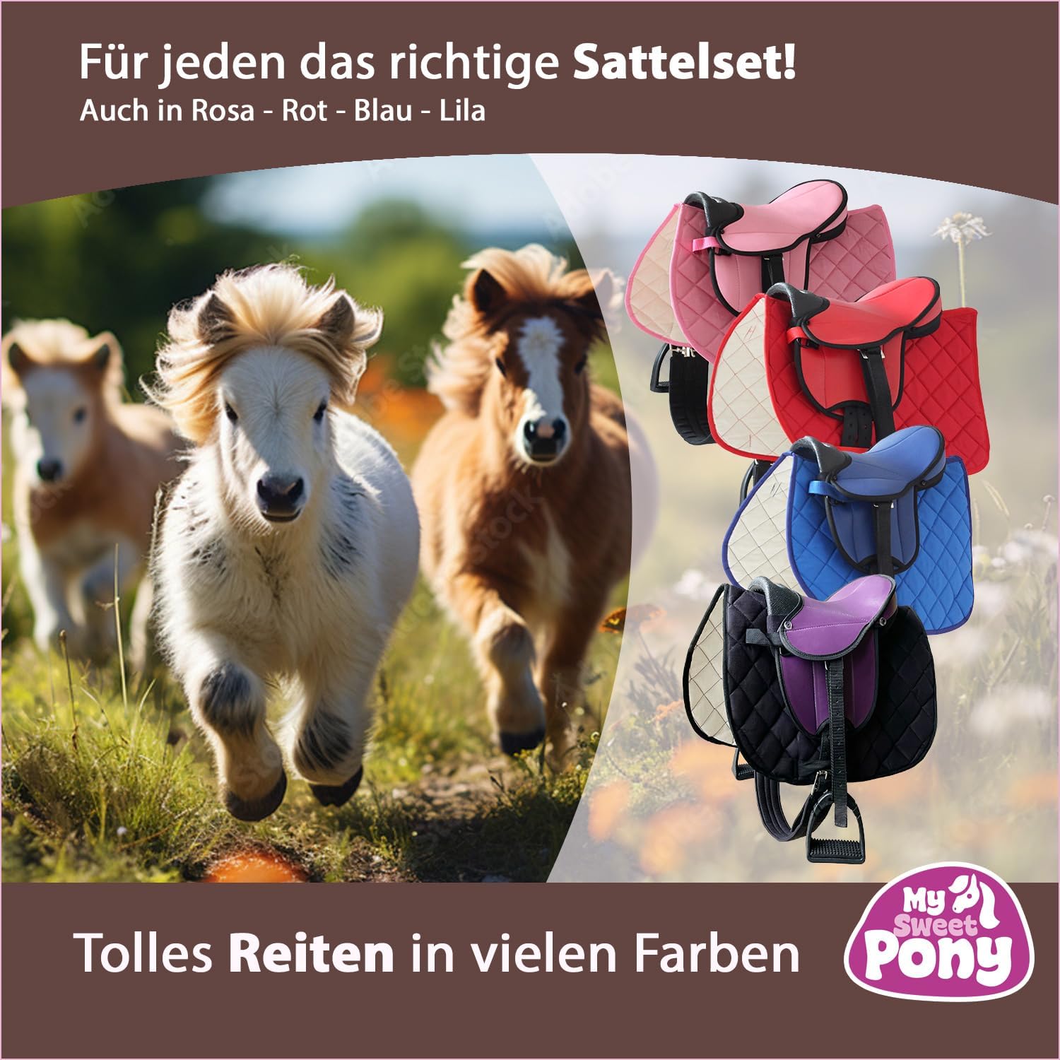 My Sweet Pony® Kinder Shettysattel-Set Eclipse + Halfter + Führstrick | Sattel für Pony Shetty und Holzpferd | Alles enthalten | kompletter Sattel | Ideal für erste Reitversuche