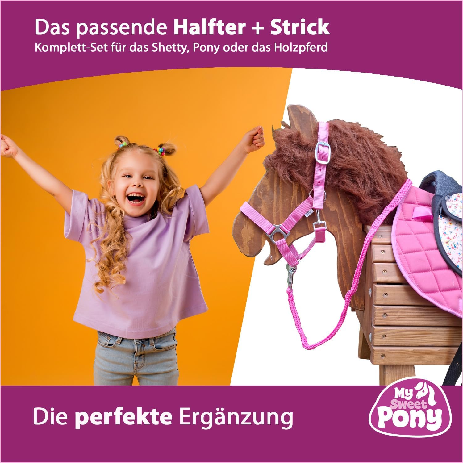 My Sweet Pony® Kinder Shettysattel-Set Pink Flower + Halfter + Führstrick | Sattel für Pony Shetty und Holzpferd | Alles enthalten | kompletter Sattel | Ideal für erste Reitversuche