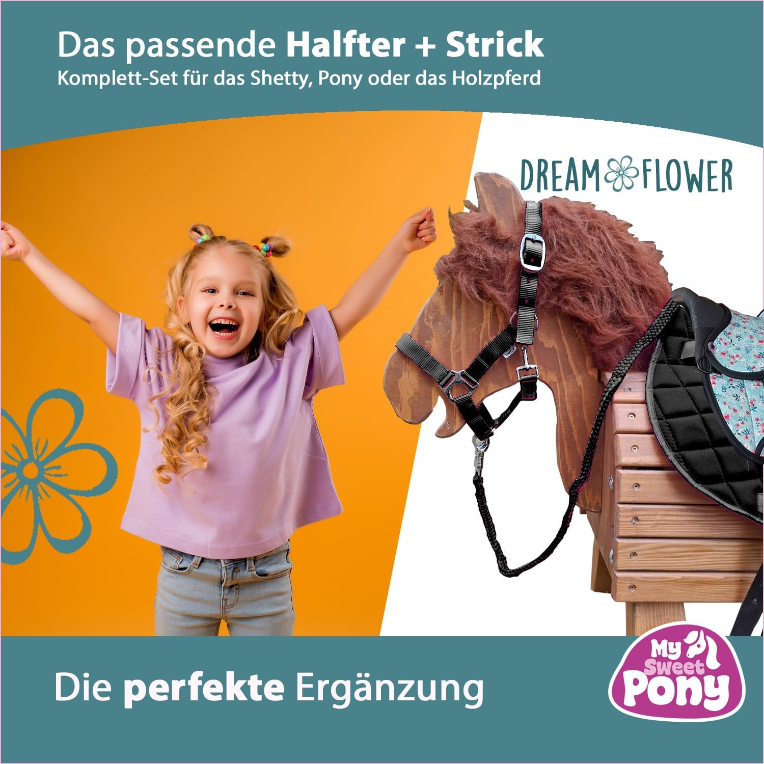 My Sweet Pony® Kinder Shettysattel-Set Dream Flower + Halfter + Führstrick | Sattel für Pony Shetty und Holzpferd | Alles enthalten | kompletter Sattel | Ideal für erste Reitversuche