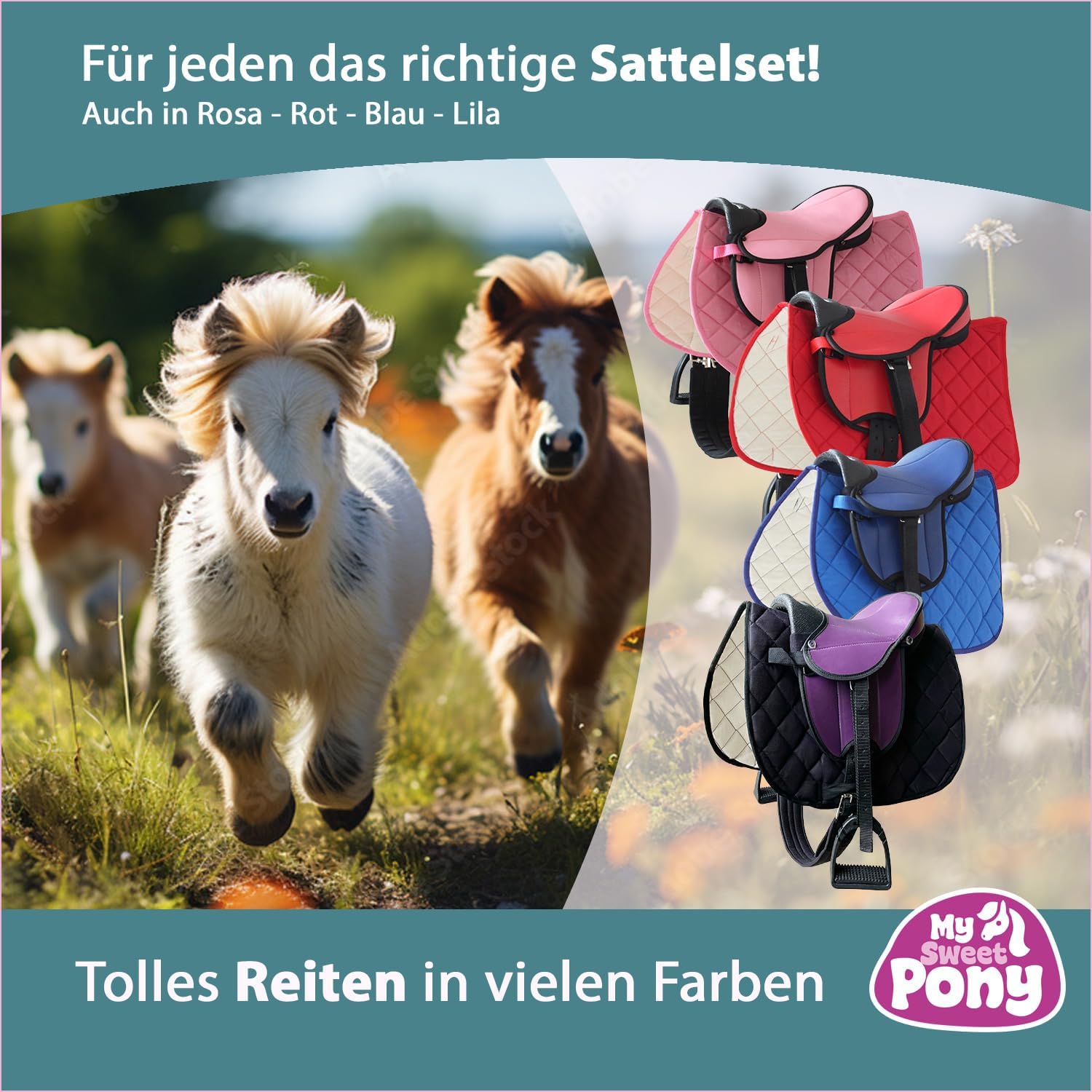 My Sweet Pony® Kinder Shettysattel-Set Dream Flower + Halfter + Führstrick | Sattel für Pony Shetty und Holzpferd | Alles enthalten | kompletter Sattel | Ideal für erste Reitversuche