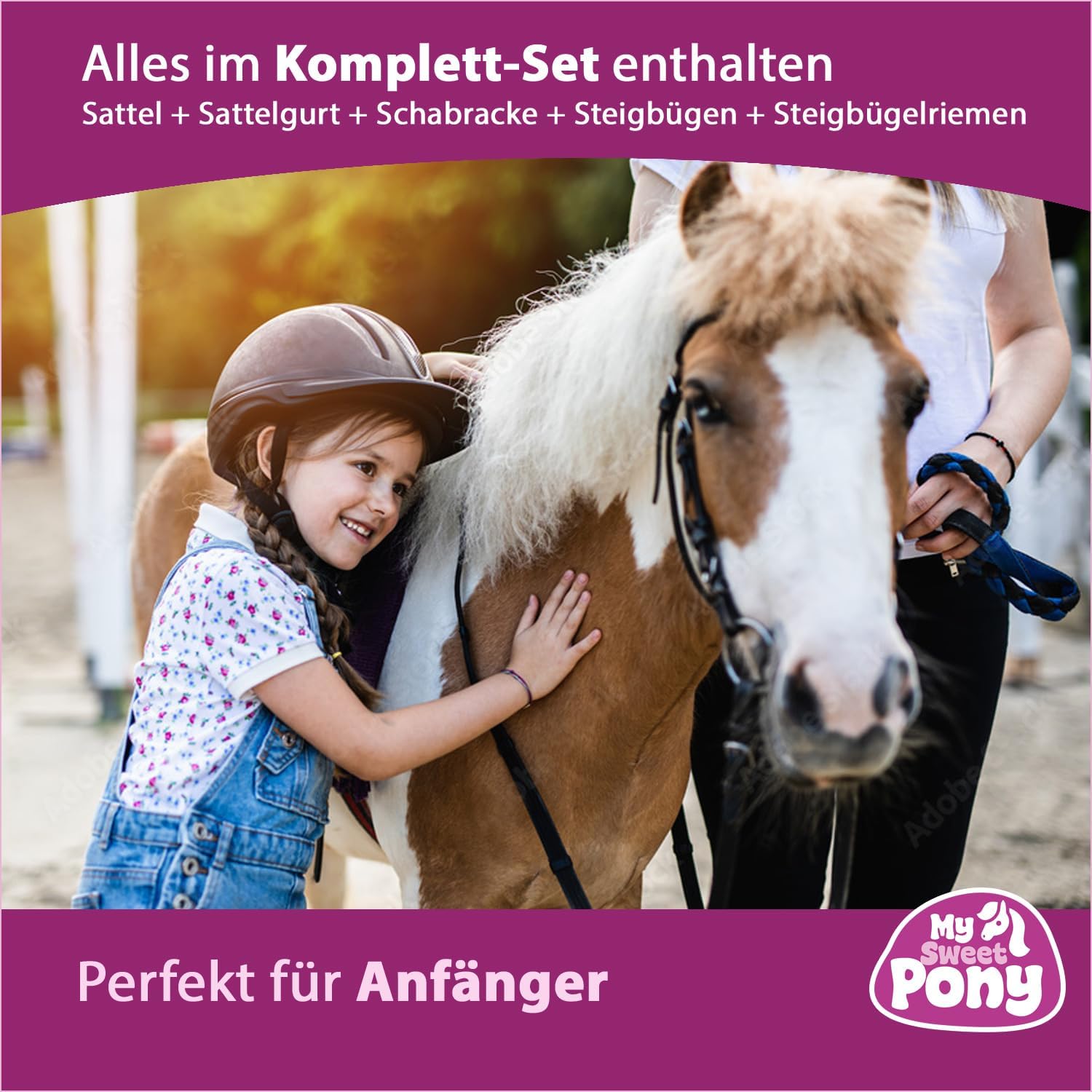 My Sweet Pony® Kinder Shettysattel-Set Bella Rose + Halfter + Führstrick + Bandagen | Sattel für Pony Shetty und Holzpferd | Alles enthalten | kompletter Sattel | Ideal für erste Reitversuche