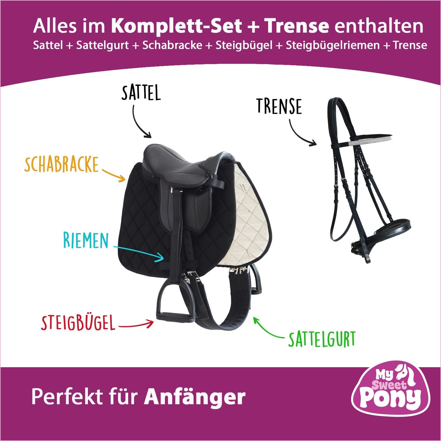 My Sweet Pony® Kinder Shetty Sattel-Set + Trense in Schwarz | für Pony Shetty und Holzpferd | Alles enthalten | kompletter Sattel + Trense | Ideal für erste Reitversuche | Sattel DIN geprüft