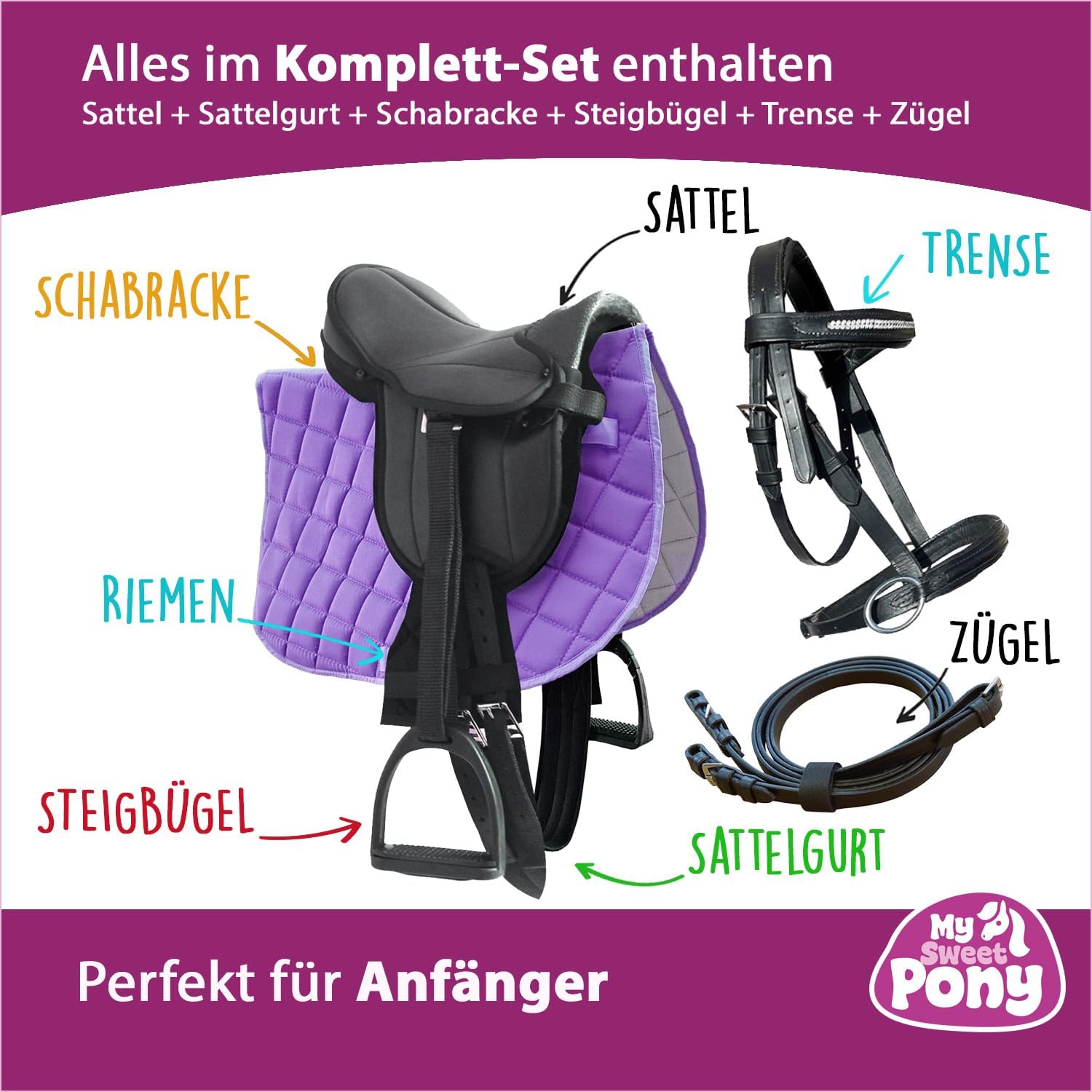 My Sweet Pony® Kinder Shetty Sattel-Set Purple Love + Trense + Zügel | für Pony Shetty und Holzpferd | Alles enthalten | Komplett-Set | Ideal für erste Reitversuche | Sattel DIN geprüft