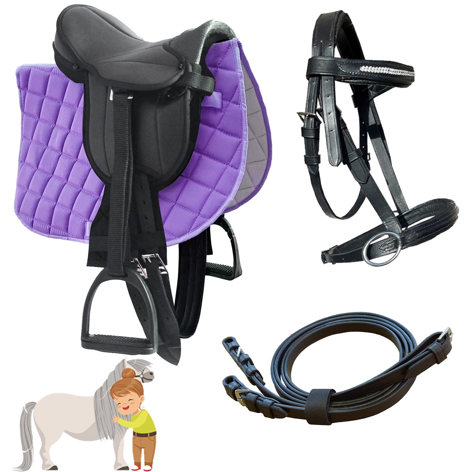 My Sweet Pony® Kinder Shetty Sattel-Set Purple Love + Trense + Zügel