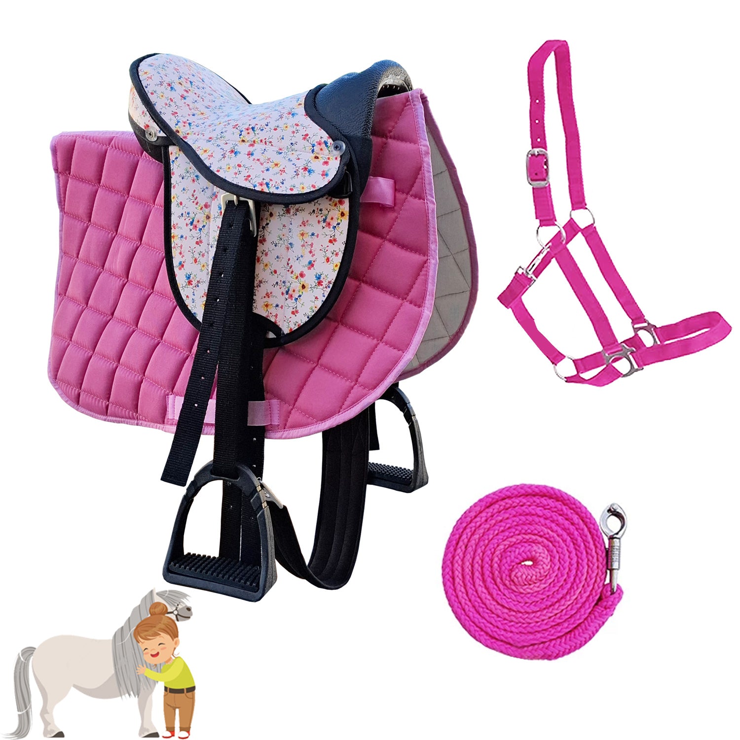 My Sweet Pony® Kinder Shettysattel-Set Pink Flower + Halfter + Führstrick