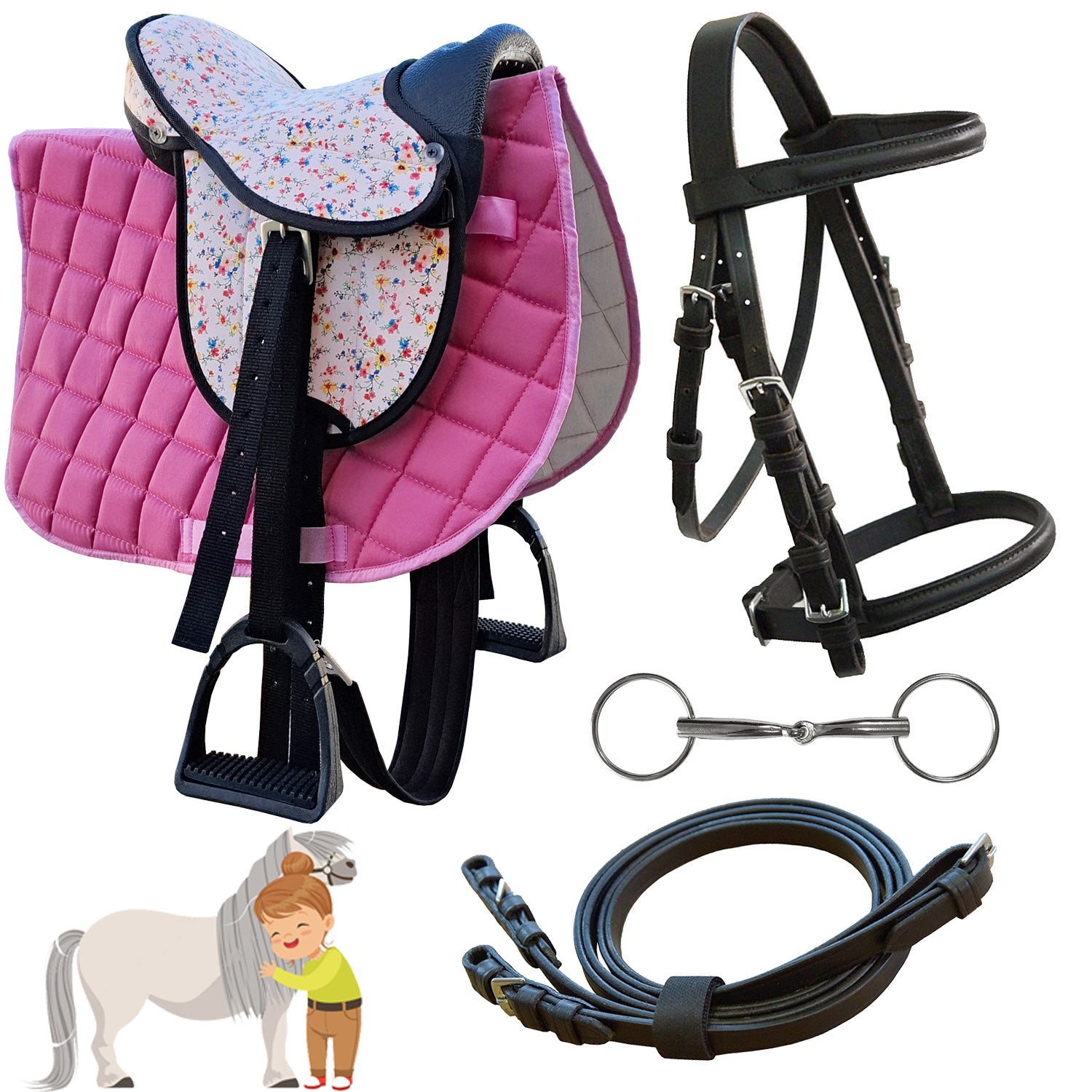 My Sweet Pony® Kinder Shettysattel-Set Pink Flower + Trense + Zügel